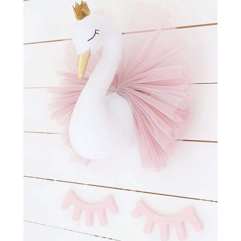 

Baby Room Decor Golden Crown Swan Wall Decoration Nursery Swan Stuffed Toys Doll for Girls Kids Room 3D Animal Head Wall Hanging