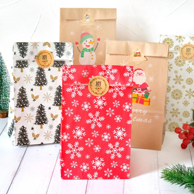 

12pcs Christmas Decoration Kraft Paper Bags 2021 Christmas Gift Bag Gift Packaging Bag Candy Bag with Stickers