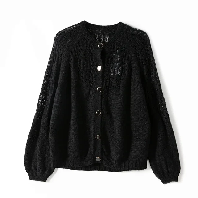 

Women Mohair and Wool Cardigan Hollow Out Sweater O Neck Single Breasted Spring Autumn New Loose Knits