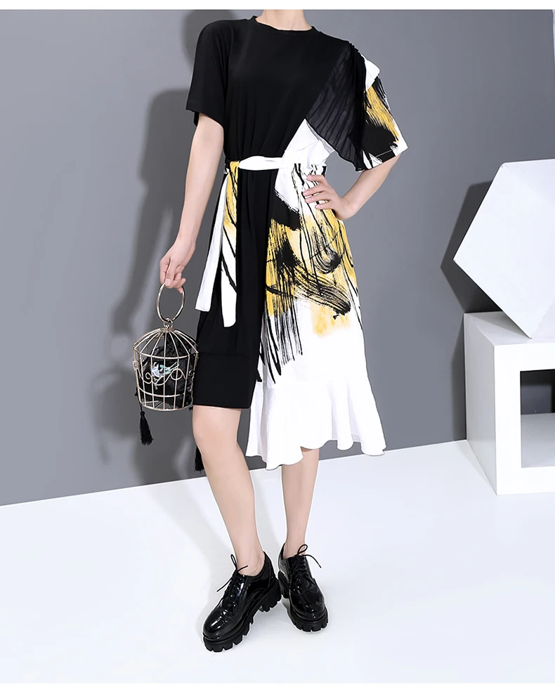 

European Irregular T-shirt Dress Female 2021 Summer Tight Waist Slimming Ruffled Chiffon Patchwork High Street Midi Dress Women