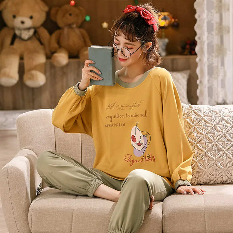 

Высококачественные весенне-осенние хлопковые брюки с длинным рукавом, Женский пижамный комплект, модная домашняя одежда для сна, костюм дл...