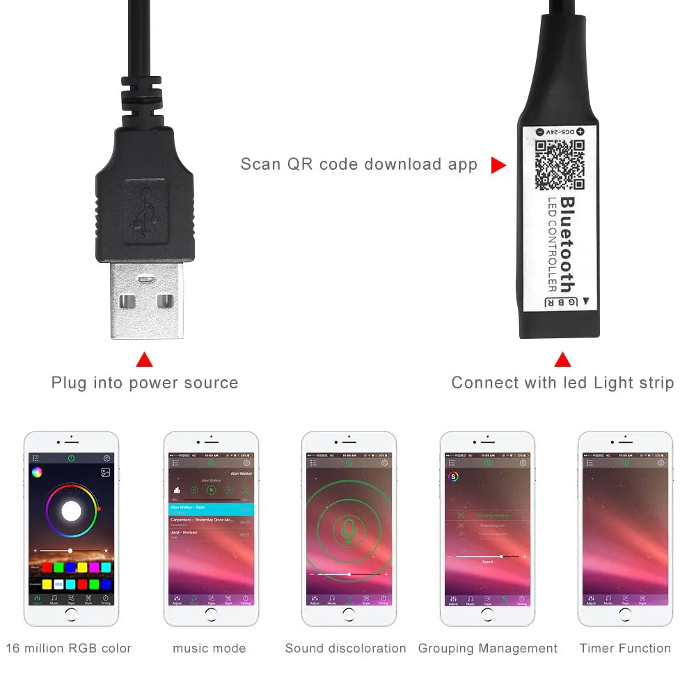 Мини 5 в USB RGB Bluetooth контроллер Синхронизация с музыкой и таймером Светодиодная