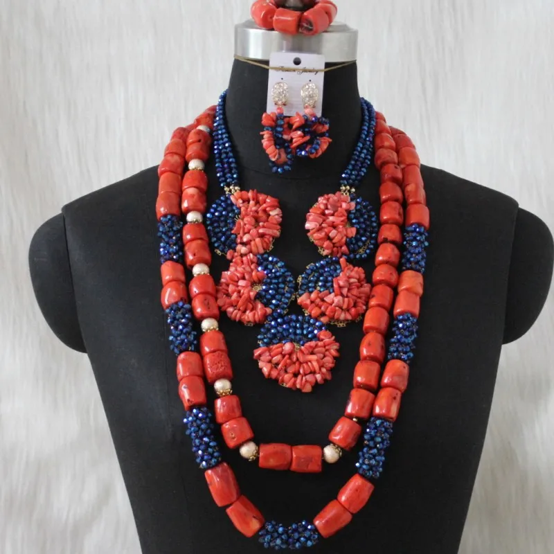 Dudo Nature Coral Jewelry Nigeria Coral Beads 3 Layers Bridal Necklace Traditional Africa Wedding Jewelry Sets W210124