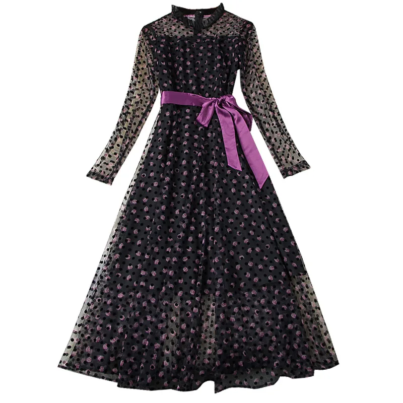 

Seifrmann Women Summer Fashion Runway Party Midi Dress Long Sleeve Bow Sashes Floral Print Elegant Ladies Mesh A-Line Dresses