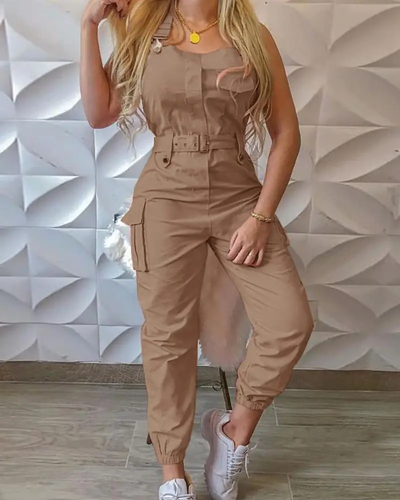 Strap Jumpsuit Women Loose Dungarees Long Rompers Summer Solid Pockets Cargo Pants Female Casual Work Out Playsuits