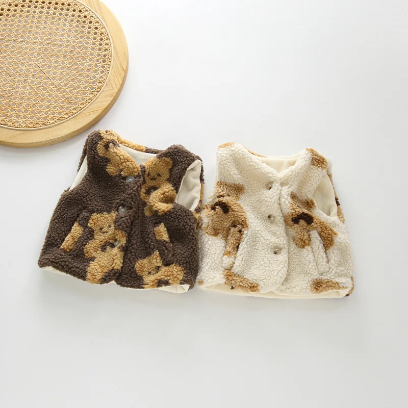 

New Baby Fur Vest Winter Single Breasted Cardigan Warm Bear Print Fleece Vest Toddler Girls Winter Clothes