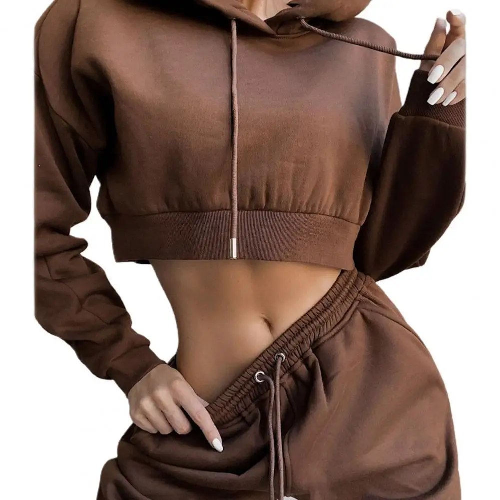 

1 Set Women's Tracksuit Hoodies Pants Set Hooded Drawstring Women Solid Color Long Sleeve Crop Top Hoodies Pockets Trousers Sets