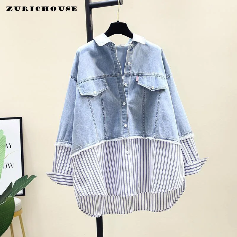 ZURICHOUSE Casual Blouses Women Long Sleeve Loose Fit Spring Summer Fashion Fake Two Pieces Patchwork Denim Striped Shirt Female
