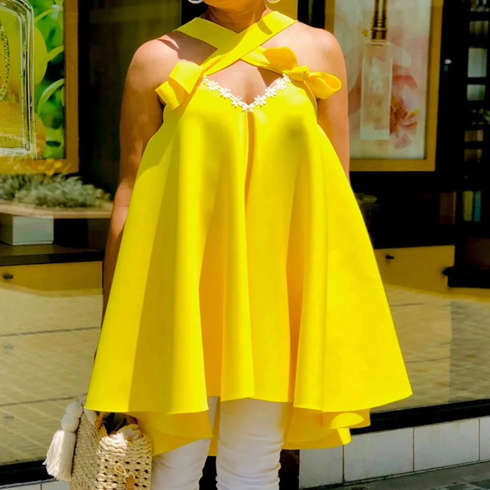 

Designer Halter Plus Size Blouse Backless Tops Mid Length Women Clothing Big Sizes Blouses Sleeveless Summer Casual Shirt Yellow