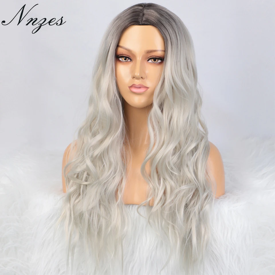

NNZES 26inches Water Wave Wig Ombre Black Platinum Blonde Synthetic Wigs for Black Women Middle Part Cosplay Wig