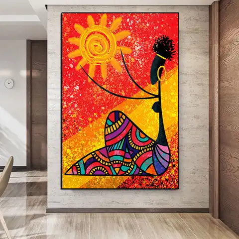 Абстрактная Картина на холсте с изображением женщины и солнца в африканском стиле, Декоративная Настенная картина для гостиной, плакат и пе...