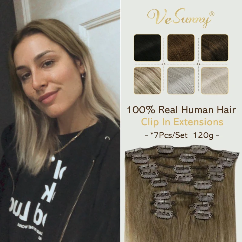 VeSunny Double Weft Clip in Hair Extensions Real Human Hair 7pcs Tape Extensions 120gr Balayage B Rown Mix Caramel Blonde Toupee