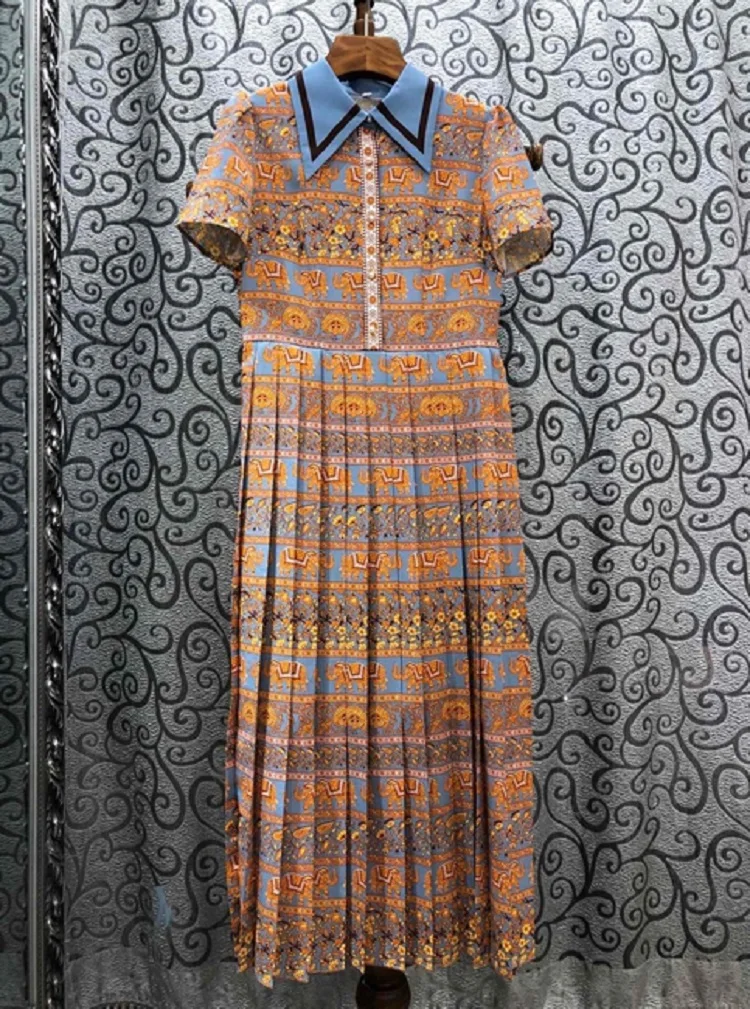 

Top Quality New 2020 Summer Fashion Style Women Turn-down Collar Cute Animal Print Short Sleeve Mid-Calf Pleated Dress