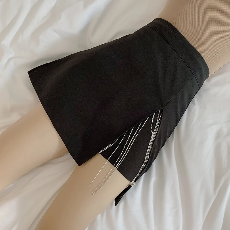 

Diamond Rhinestone Chain Fashion Skirt Club Party Tassel Split High Waist Skinny A-line Women Skirt Summer Elegant All-match Y2k
