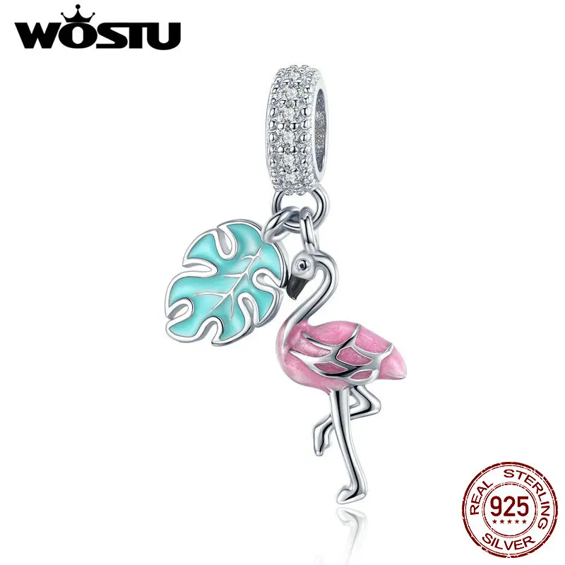 WOSTU 925 пробы серебряные бусины тропические фламинго цветные эмалевые подходят