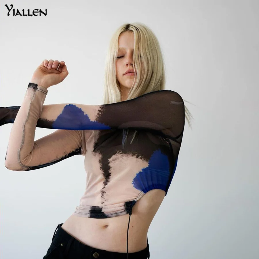 Женский сетчатый укороченный топ Yiallen с круглым вырезом и длинным рукавом