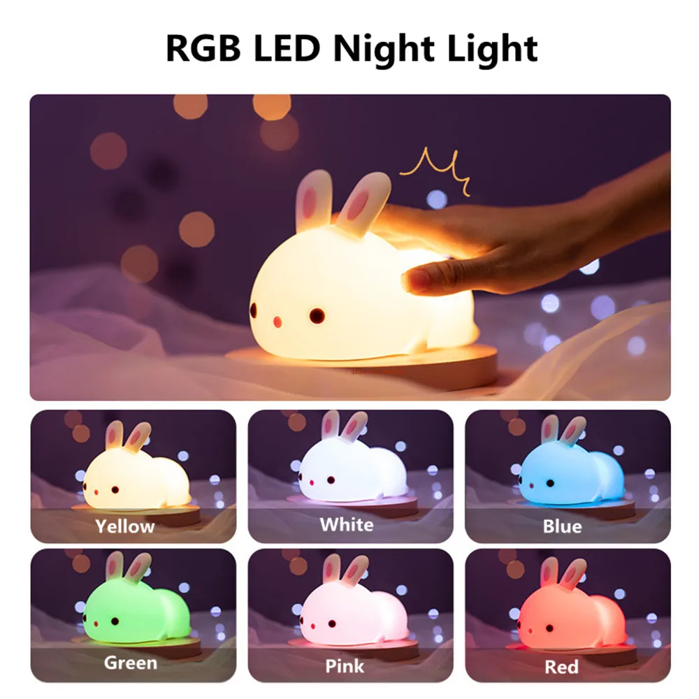 Touch Sensor RGB LED Rabbit Night Light Remote Control 16 Colors USB Rechargeable Silicone Bunny Lamp for Children Baby Toy Gift | Освещение