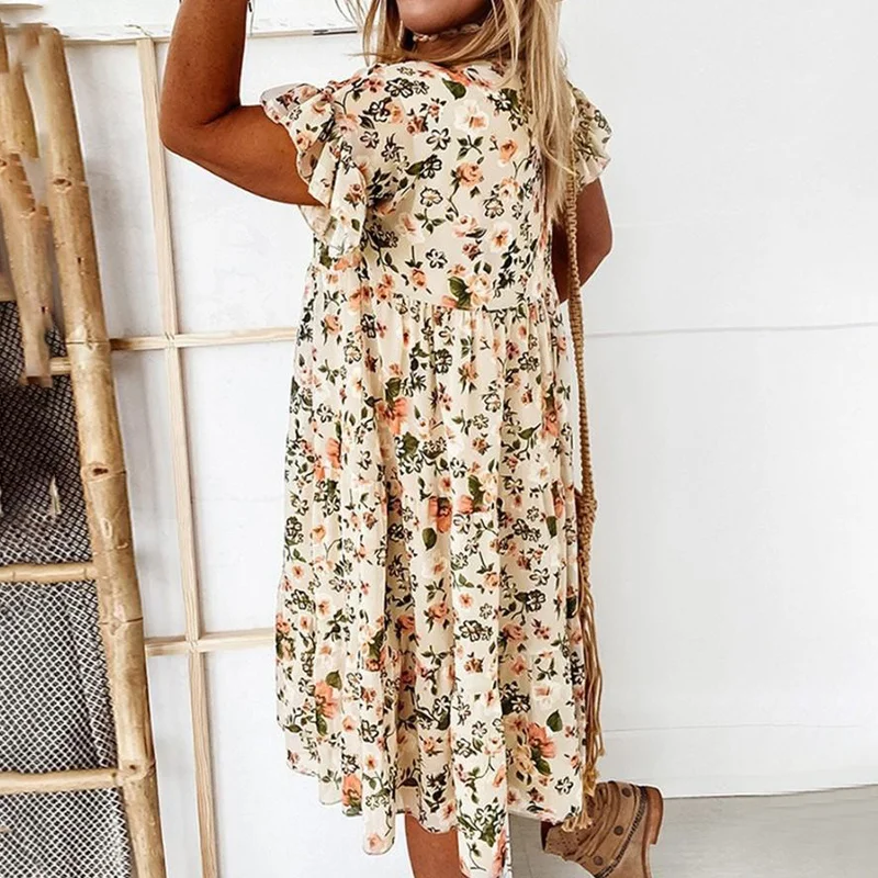 

Dress for Women Boho Floral Summer Clothes Casual Baggy Ruffle Short Sleeve Dress Beach Holiday Sundress Female Robe