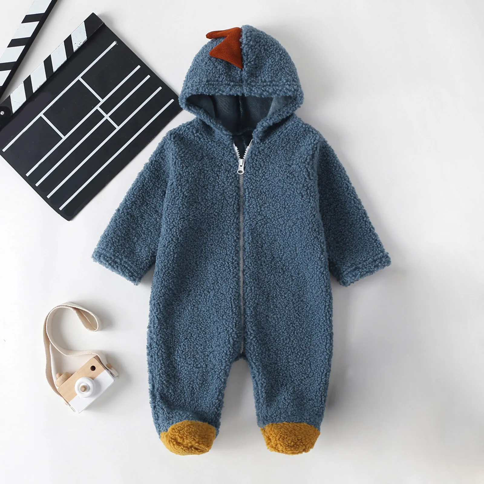 

Toddler Baby Boys Girls Dinosaur Rompers Coral Fleece Keep Warm Thick Solid Color Wrap Foot Jumpsuit Romper Newborn Baby Clothes