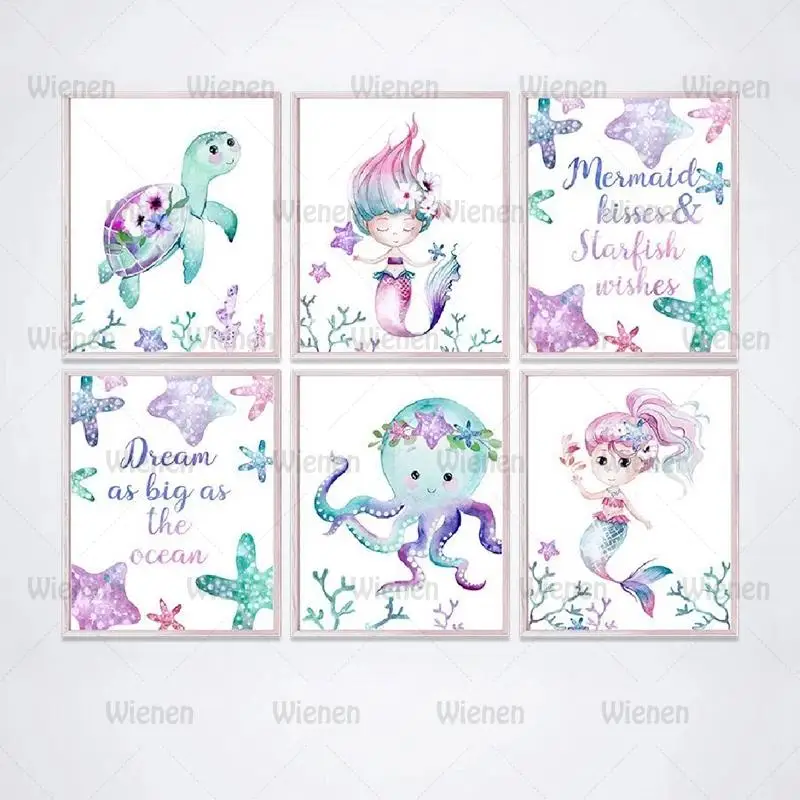 

Mermaid Canvas Posters Nursery Wall Art Print Watercolor Sea Animals Starfish Turtle Octopus Painting Girls Room Wall Art Decor