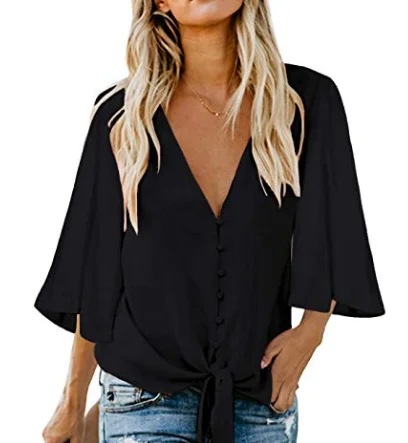 

Women's casual and comfortable top summer V-neck loose solid color short sleeve top