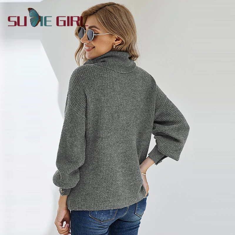 

SUDIE Girl Fashion high-neck long-sleeve sweater women winter solid color warm loose pullover knitted sweater women