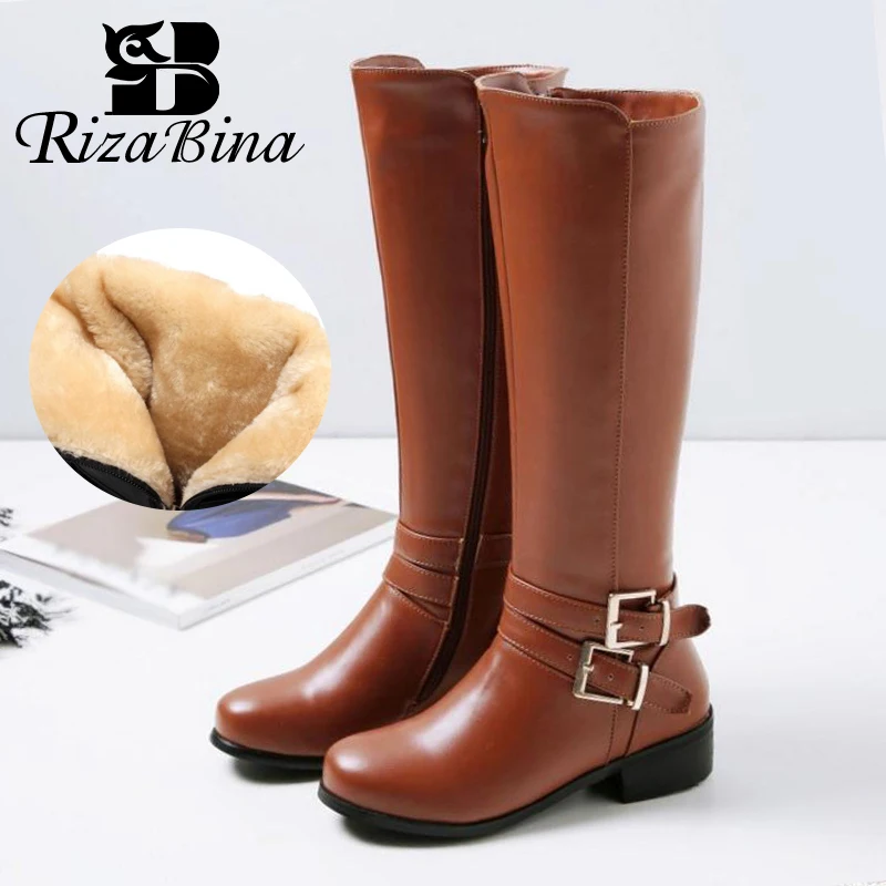RIZABINA/женские сапоги до колена размера плюс 34 46 женские мотоботы с пряжкой на