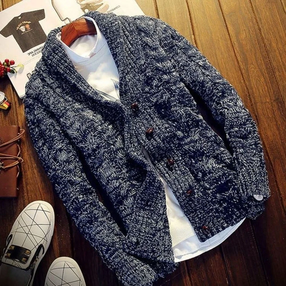 Pure Color Chunky Knit Cardigan Men Fashion Clothing Hood Men Sweater Coat Casual Thicken Cardigan Sweater Men Button Up Coat