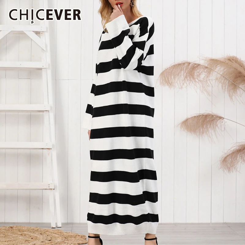 CHICEVER Striped Hit Color Knitted Dress For Women O Neck Long Sleeve Oversize Loose Maxi Female Dresses 2020 Autumn Fashion New | Женская