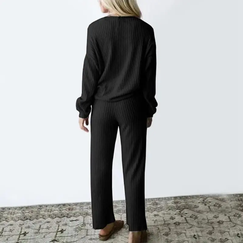 

2021 Autumn Spring Knitted Two Piece Sweatershirt Set Women Wide Leg Pants Suit Loose Solid Casual 2 Piece Set Tracksuit