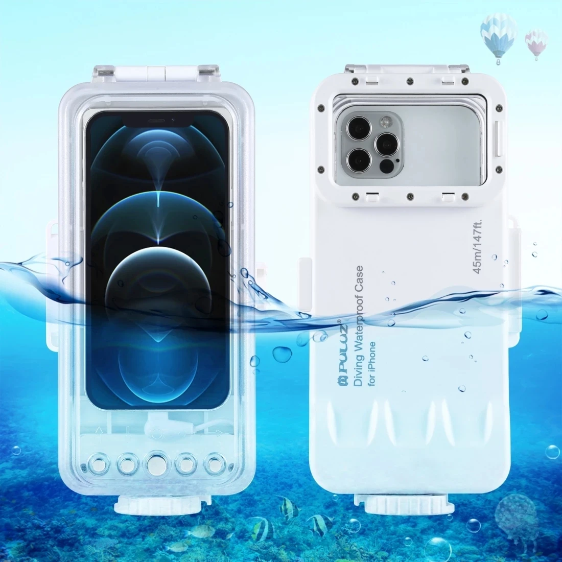 

PULUZ 45m/147ft Waterproof Diving Housing Photo Video Taking Underwater Case For iPhone 12/11/X ,iOS 13.0 or Above Version Phone