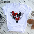 Женская футболка с рисунком бабочки, красная и черная футболка в Корейском стиле Харадзюку для девушек, топы с графическим рисунком, женская футболка на День святого Валентина, Прямая поставка