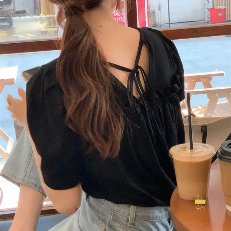 

4colors Korean Style Women Basic Tshirts 2021 Summer Back Lace Up Slim Short Sleeve T-shirt Woman Summer Casual Tops (X2001)