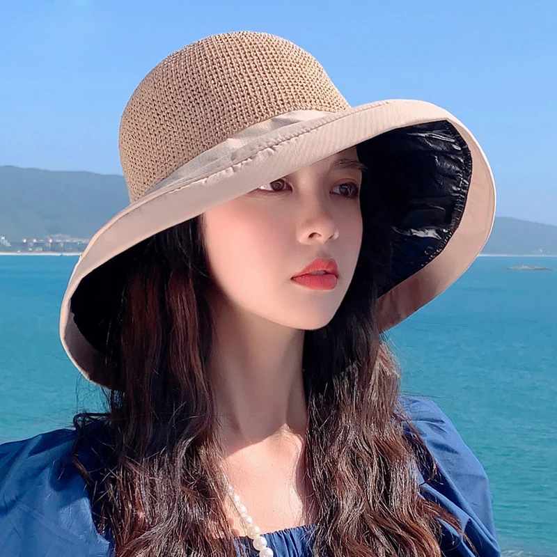 

Summer New Bow Sun Hats Cap Women Beach Panama Straw Dome Bucket Cap Hollow Out Visor Bonnet Outside Travel Anti-UV Casual Hat