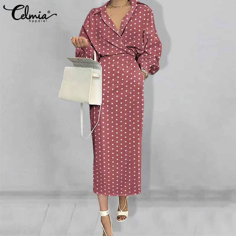 

Celmia Women Fashin Polka Dot Shirt Dress 2021 Autumn Long Bat Sleeve Robe Longue Casual Loose V Neck Holiday Midi Long Vestidos