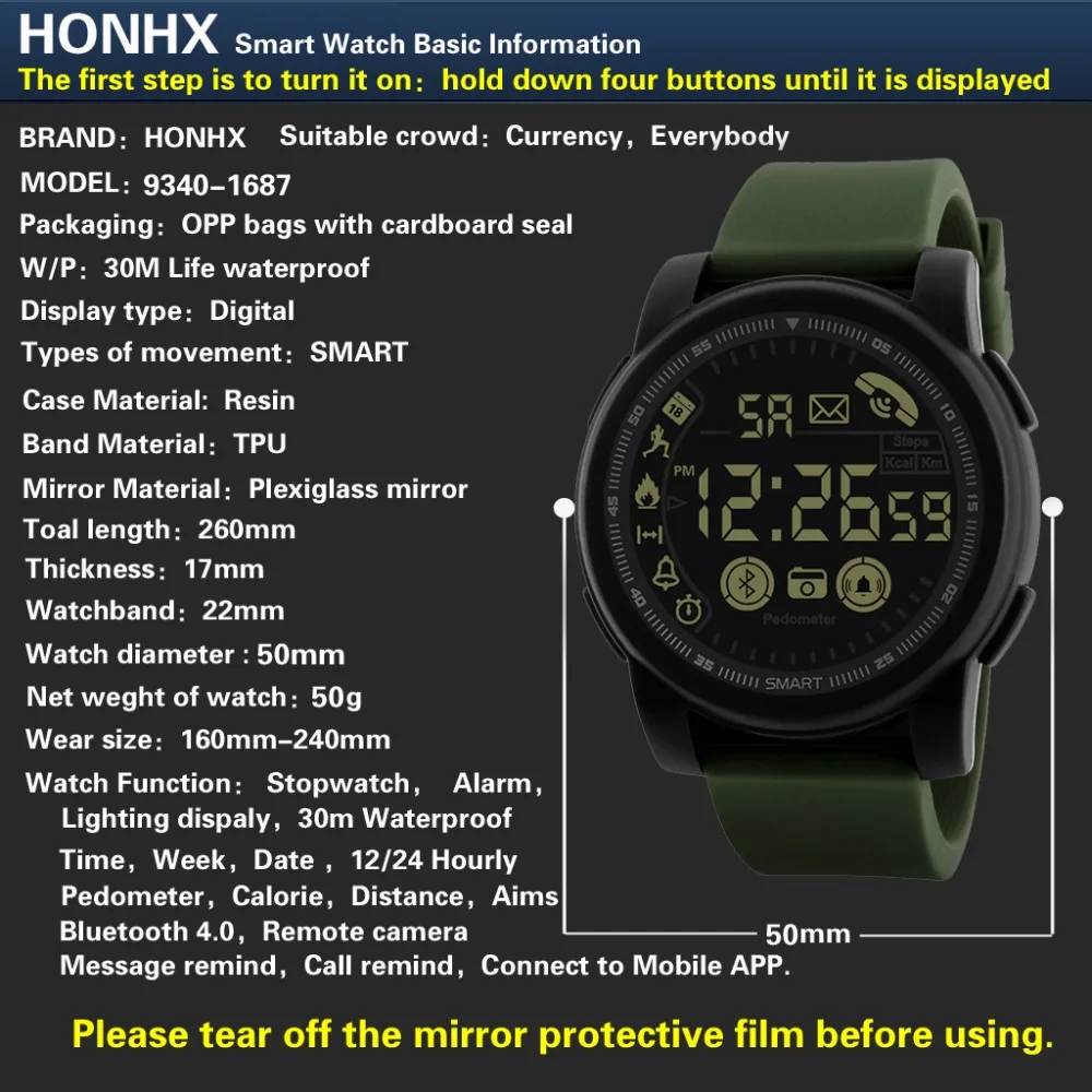 HONHX спортивные мужские часы с Bluetooth, Цифровые Смарт-часы, мужские часы с хронографом, водонепроницаемые часы с большим циферблатом, спортивные мужские часы