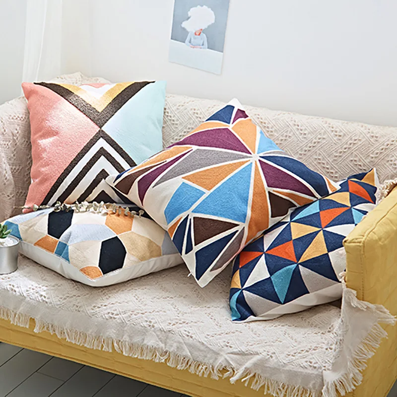 

Домашний декор Вышитый Чехол для подушки из цветных треугольников; Блок из плотной ткани с геометрическим рисунком из хлопка в клетку с выш...