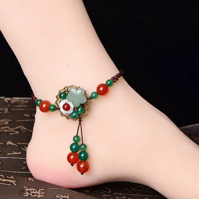 Нефритовый камень ядеит Изумрудный цветок браслеты на ногу очаровательные