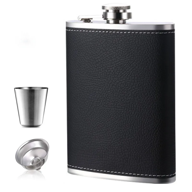 

8oz Black Portable Stainless Steel Hip Flask Flagon Whiskey Wine Pot Leather Cover Bottle Funnel Travel Tour Drinkware Wine Cup