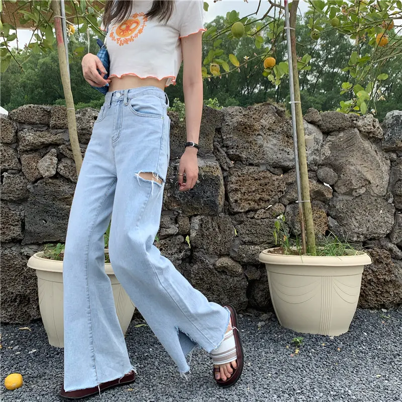 

2020 Straight Hole Streetwear Thin Cowboy Split Large Size Loose Wide Leg Jeans High Waist Women Full Length Pants