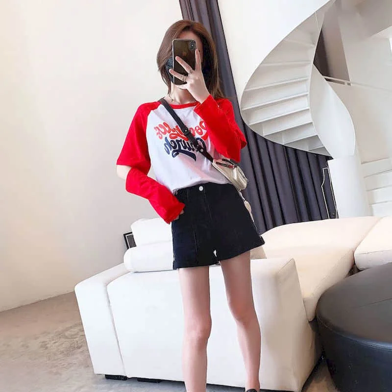 21 Autumn New Long Sleeve Tshirt Women Korean Fashion Contrast Color Stitching Hollow Loose Top Women Plus Fashion Graphic Tee Aliexpress Women S Clothing