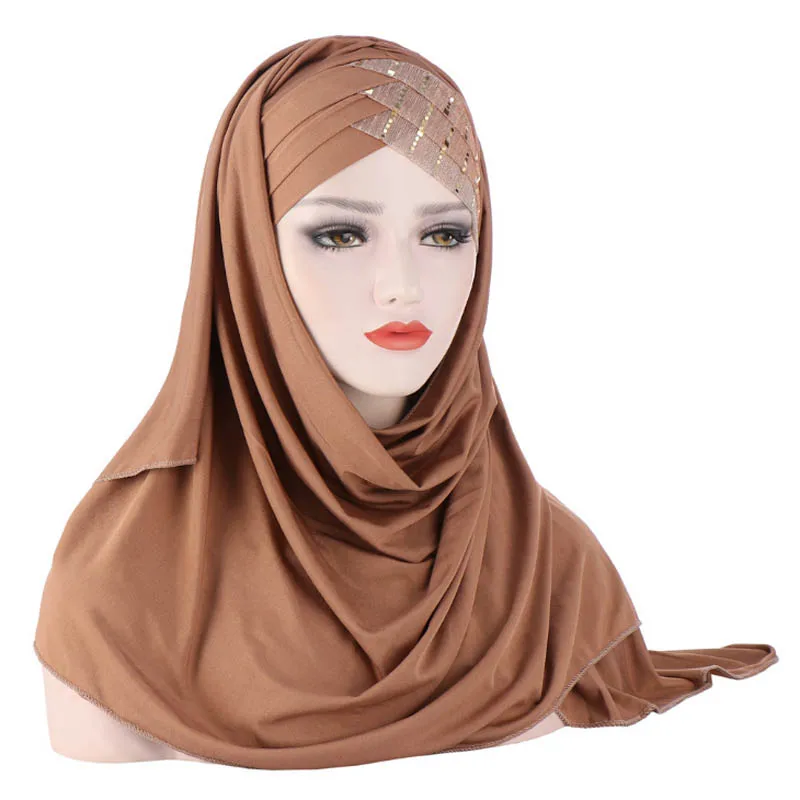 

Muslim Women Hijab Scarf Solid Color Sequins Jersey Hijabs Cap Islamic Soft Elastic Turban Headscarf Forehead Across Headband