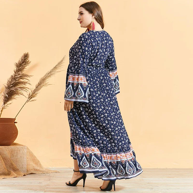 

M-4XL Retro Floral Print Boho Dress Women Summer V Neck Long Sleeve Casual Long Dress Plus Size Maxi Beach Dresses
