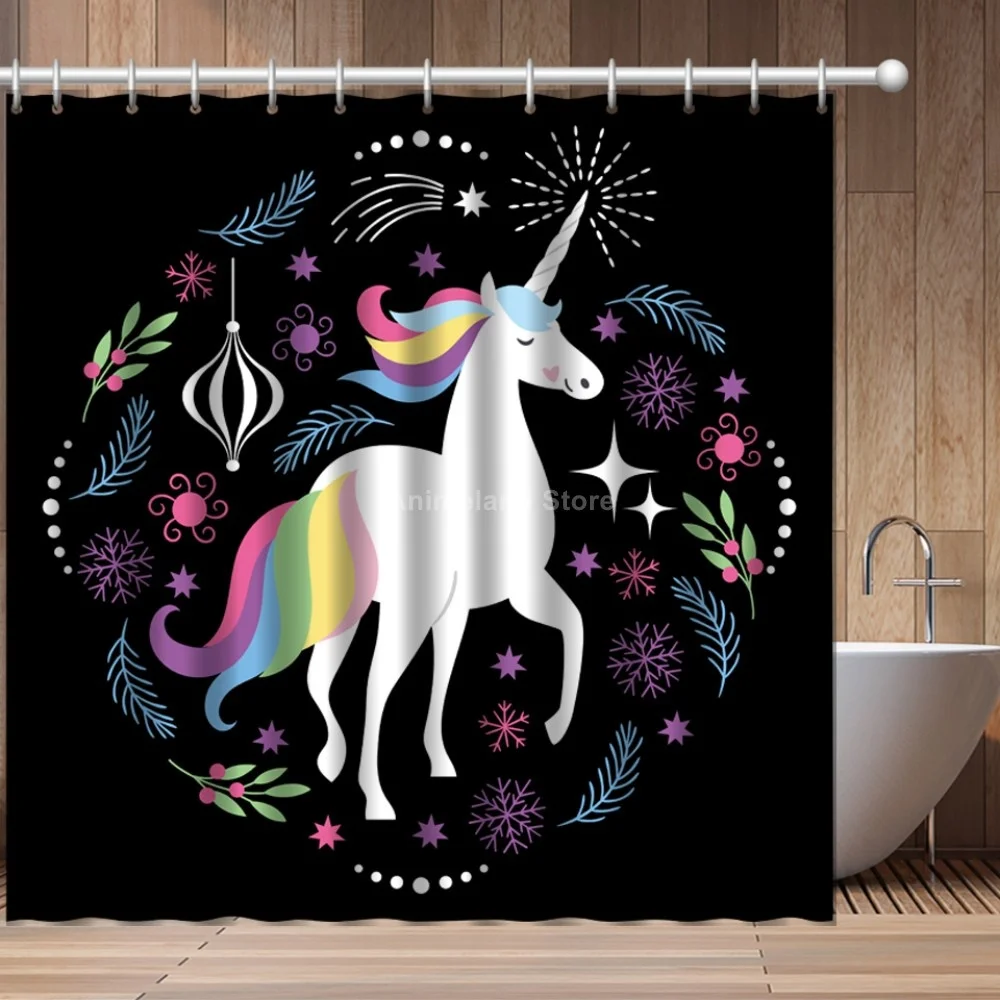 

Small Unicorn Black For Girl 3D Print Animal Shower Curtain Bathroom Set With Waterproof Hook Bath Curtains Kids African Funny