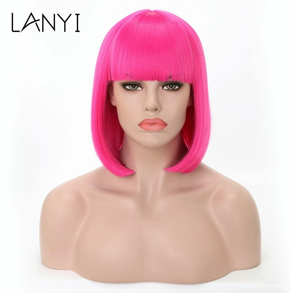 

LANYI Pink Purple Bob Wigs with Bangs For women Synthetic Hair Heat Resistant Natural Daily Party Cosplay Wigs Shoulder Length