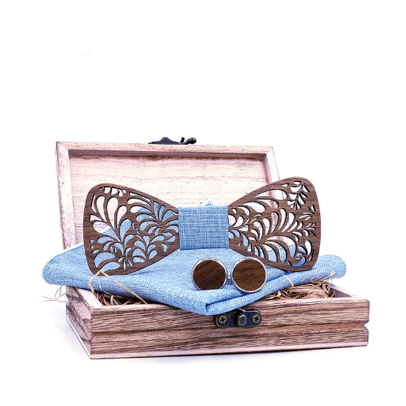 

Handmade Leaf Hollow Carved Black Wooden Bow Tie Cross-Border Hot Style Wedding Gift Logo Customization