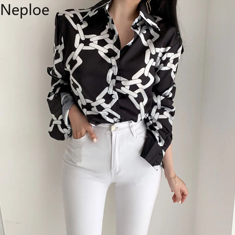 Neploe Корейская шикарная Ретро блузка с принтом отложной воротник длинный рукав