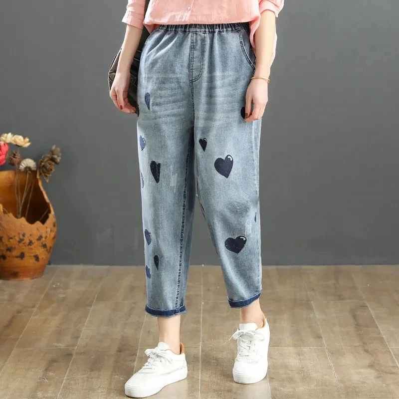 Женские джинсы с вышивкой Love этнические укороченные шаровары высокой талией и