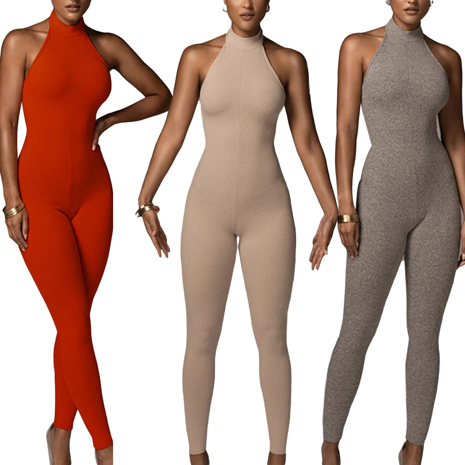 

Женский комбинезон с высоким воротником, повседневный однотонный комбинезон с высокой талией, облегающие длинные брюки без рукавов