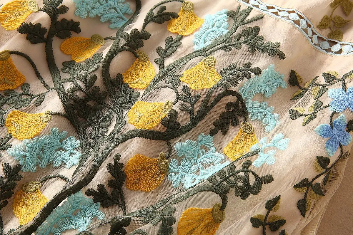 

Runway Luxury Embroidery Nude Lace Dress Woman Vintage Multicolor Flower Embroidered Robe Lace Femme Festa Vestido